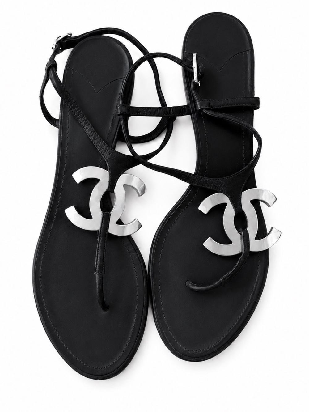 Auth CHANEL CC Emblem Thong black leather Sandals Silver Hardware 40 9 - Picture 1 of 4